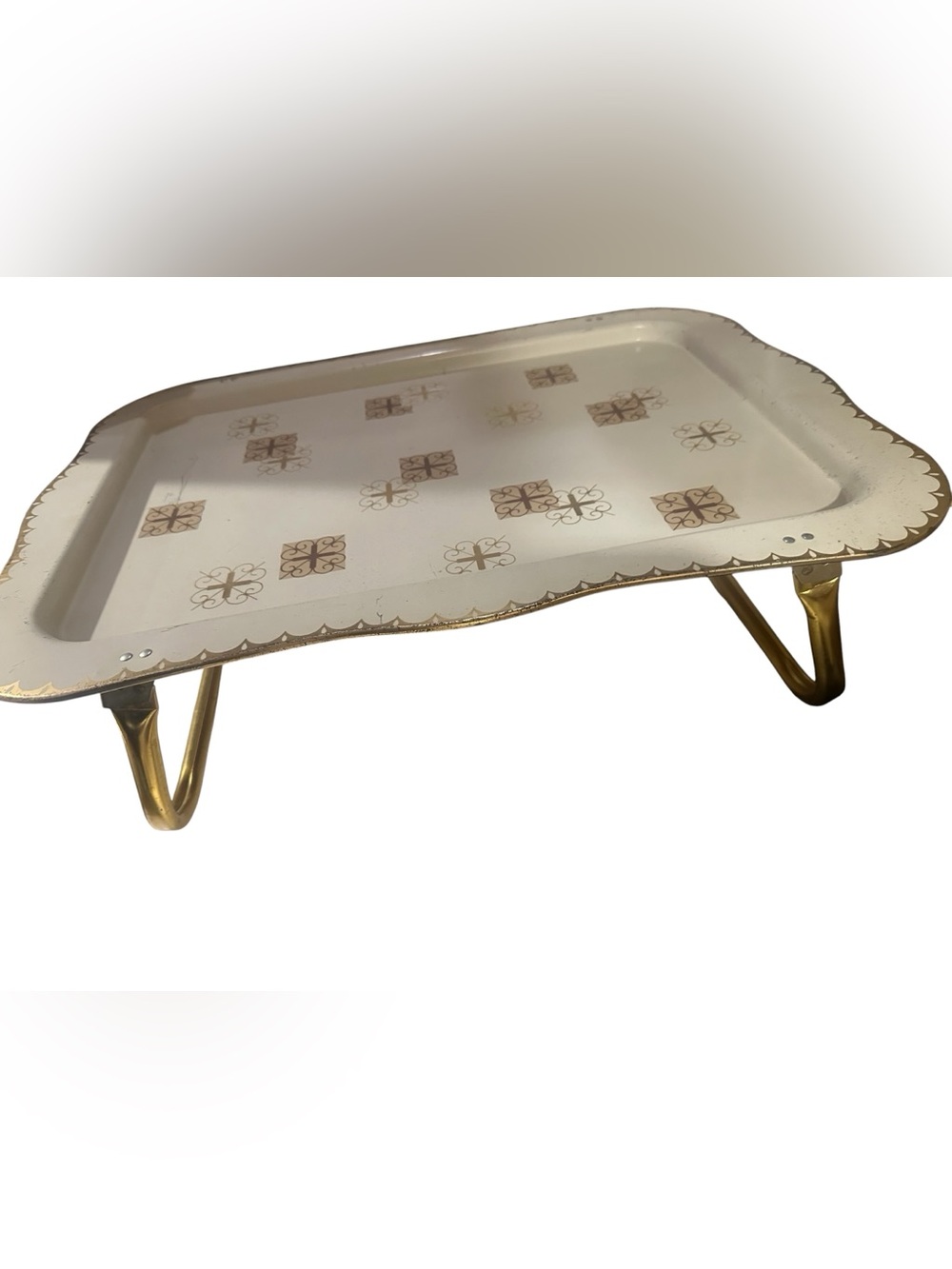 Vintage Mid-Century Scalloped Metal Bed Tray with Folding Brass Legs